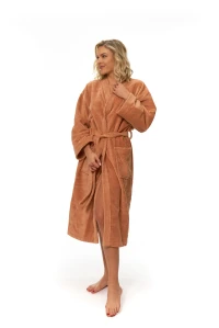 Dámský župan střihu kimono oranžový při zavazování přední pohled