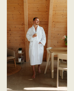 Pánský bavlněný župan velour se šálovým límcem, Bílá