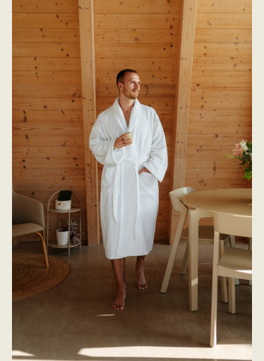 Pánský bavlněný župan velour se šálovým límcem, Bílá