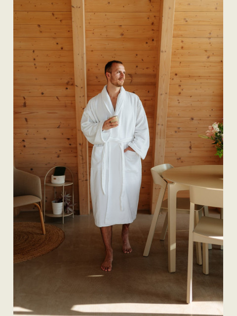 Pánský bavlněný župan velour se šálovým límcem, Bílá