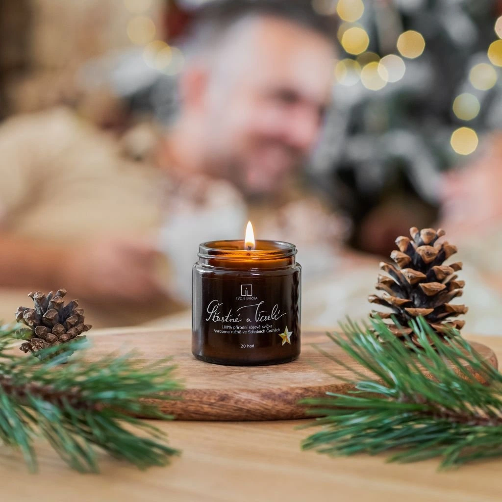 Vonná svíčka ŠŤASTNÉ A VESELÉ – skořice, hřebíček, pomeranč 120 ml