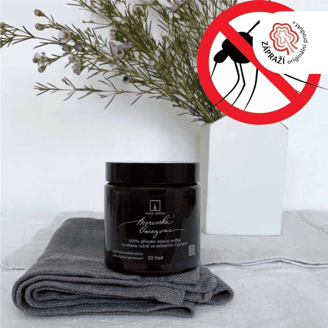 Vonná svíčka MORAVSKÁ AMAZONIE - citronela, eukalyptus, lemongras, geranium - černá s víčkem