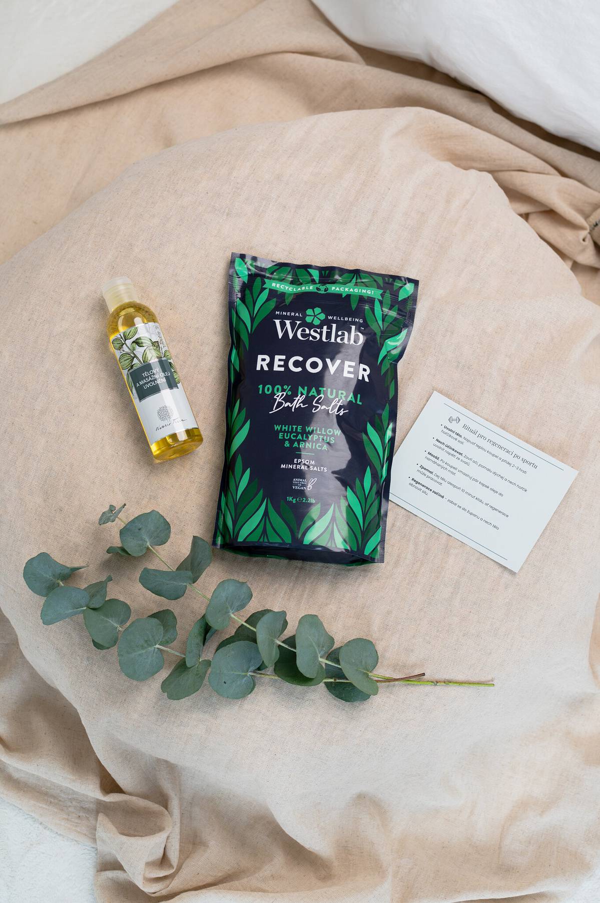 Rituál pro regeneraci po sportu – sůl Recover, olej a kartička